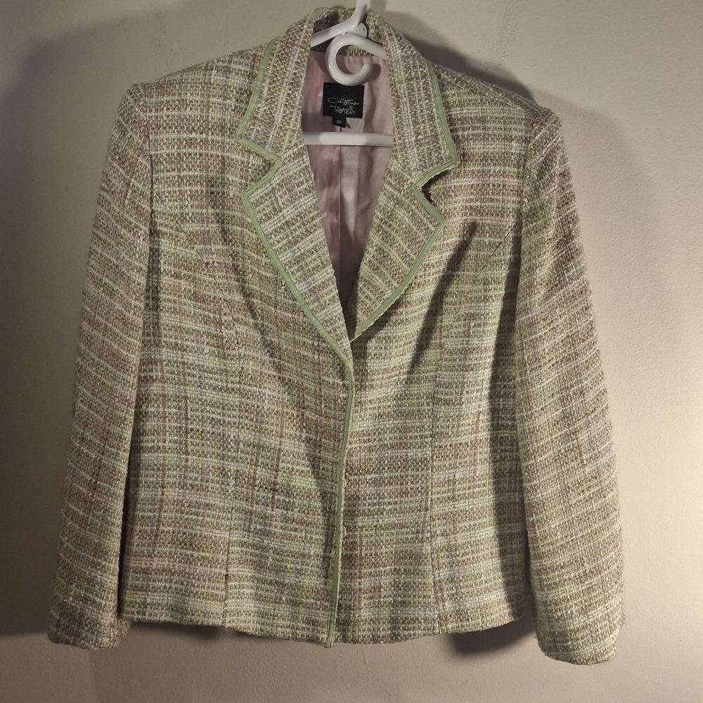 VTG Christina Rotelli Women's Pink & Green Tweed Front Snap Blazer Size 10